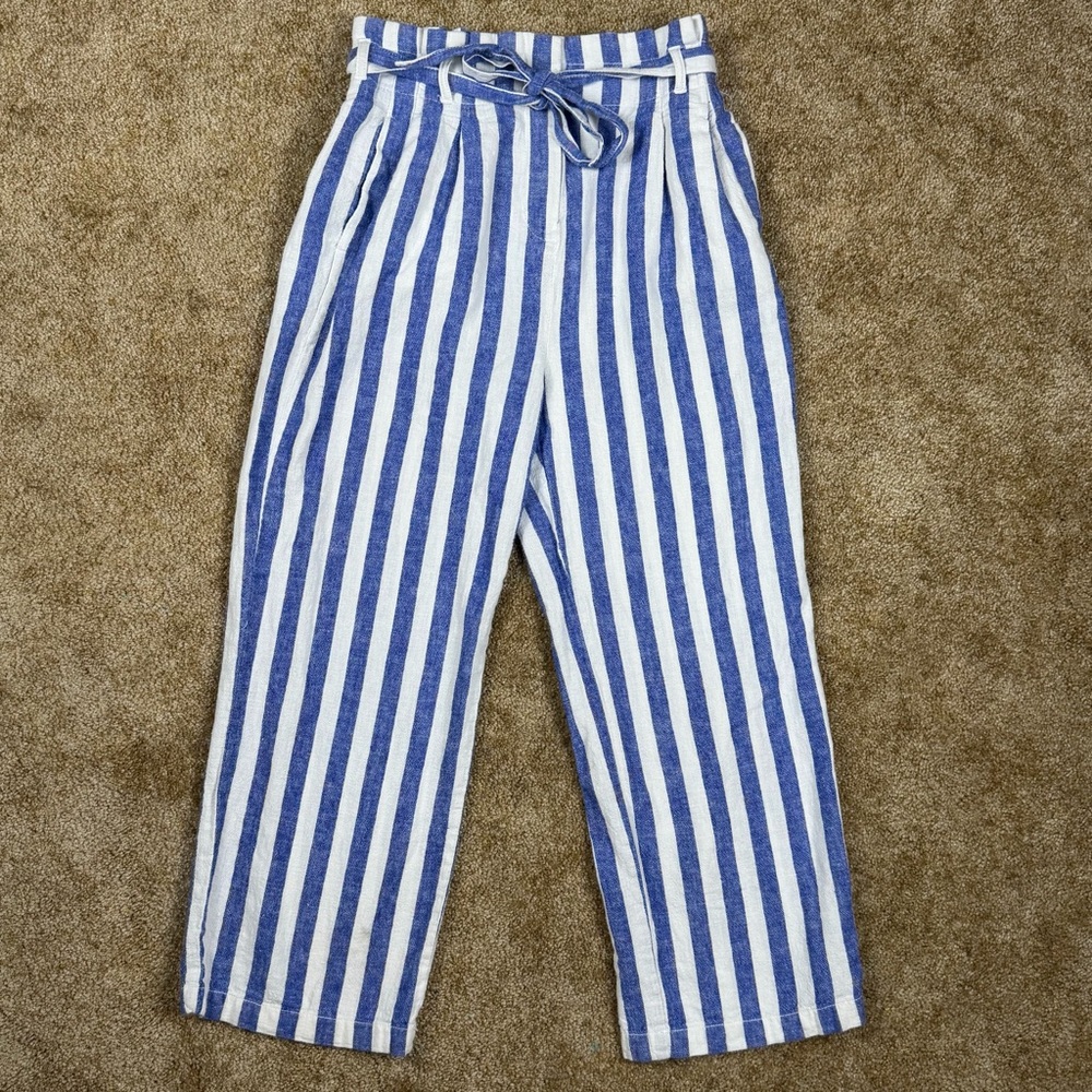 J Crew Linen-Cotton Paper-Bag Pant Blue White Striped Coastal Summer Size 0 EUC